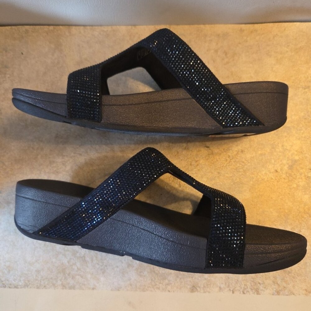Sz 9 FITFLOP Sandals Lulu Marli Rhinestone Slide Wedge Navy Blue Sparkly 2" Heel - Picture 5 of 11